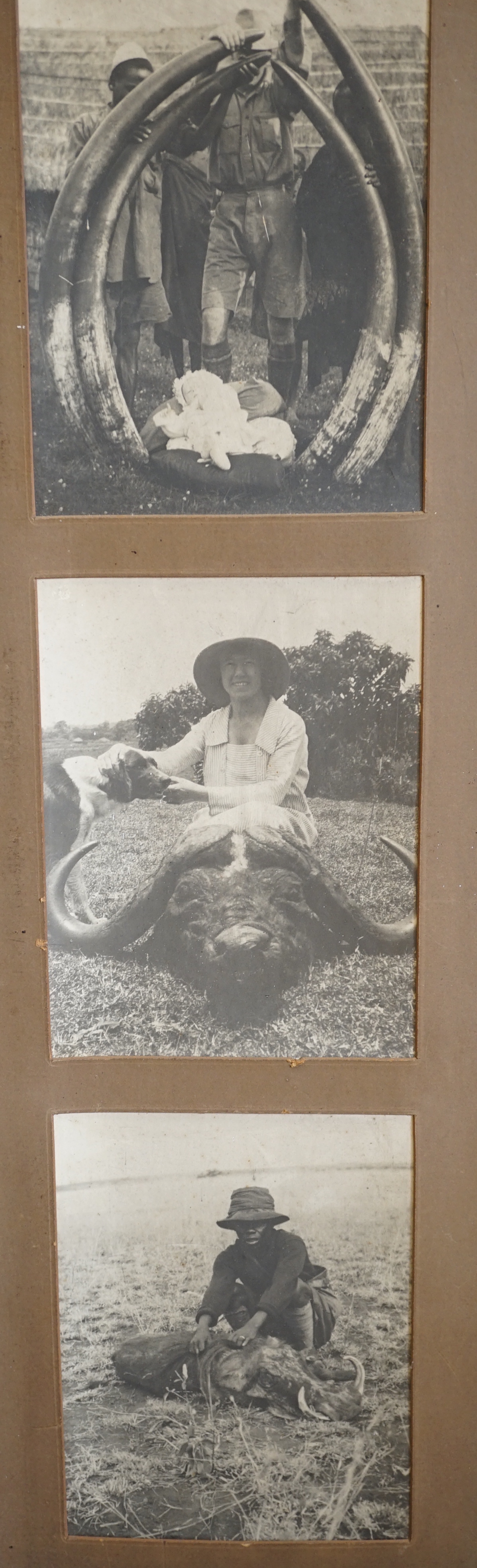 Three oak framed groups of black and white photographs of colonials in Africa, including Big game hunting and Zulu warriors, nine photographs in total, all approximately 21.5 x 16cm